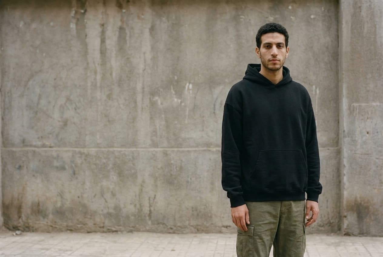 Model wearing black hoodie and green cargo trousers